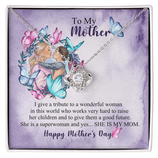 ShineOn Fulfillment personalized mom necklace in gift box with silver knot pendant and Mother to Child artwork