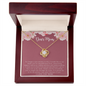 ShineOn personalized love knot necklace gold pendant with center crystal displayed in wooden gift box Dear Mom card