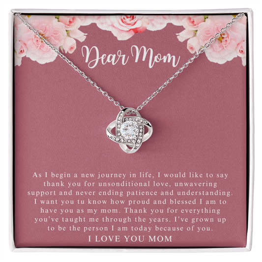 ShineOn Fulfillment personalized love knot necklace in silver on Dear Mom gift card with floral box