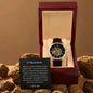 Men's a watch with black leather strap and skeleton dial presented in a wooden gift box by ShineOn Fulfillment