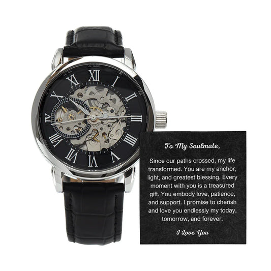 ShineOn Fulfillment men's a watch with black leather strap and skeleton dial with Roman numerals