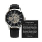 ShineOn Fulfillment men's a watch with black leather strap and skeleton dial with Roman numerals