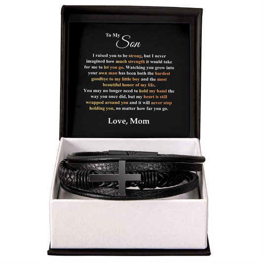 Men's cross bracelet for son in black leather with metal cross in ShineOn Fulfillment gift box