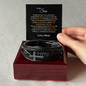Men's cross bracelet for son in black leather with silver cross displayed in wooden gift box with message card
