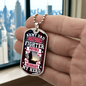 Someone Said Gift necklace dog tag with Army Dad Freedom Fighter text held in hand