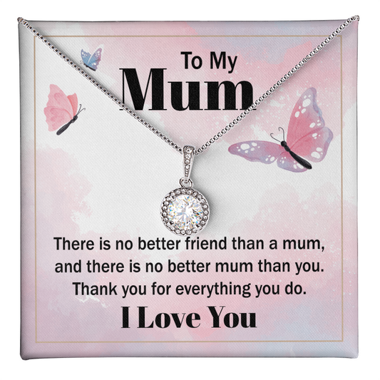 personalized mom necklace silver halo pendant with round crystal on chain displayed on pink To My Mum card with butterflies