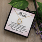 Gold heart pendant necklace with crystal on chain in gift box on floral message card personalized mom necklace with message card