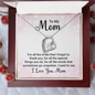 Silver heart pendant necklace with crystal on a pink To My Mom card personalized mom necklace with message card in gift box