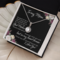 Silver personalized mother necklace with halo crystal pendant on chain in floral gift box with message