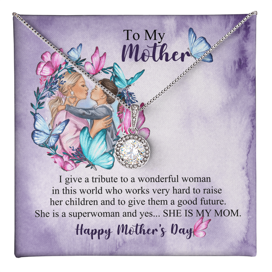 ShineOn Fulfillment personalized mom necklace with message card featuring round crystal pendant on purple Mothers Day card