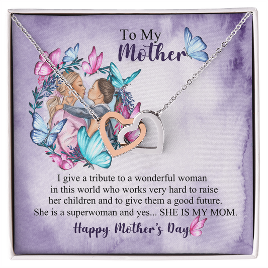 personalized mom necklace double heart pendant rose gold and silver on purple Mothers Day card with mother and child art