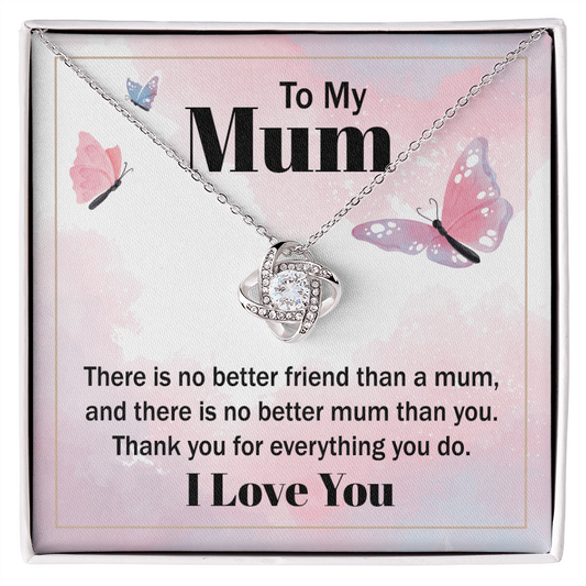 Silver knot pendant necklace with crystal center on To My Mum gift card in box personalized mom necklace