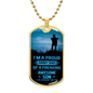 Gold necklace dog tag with proud army dad message and soldier silhouette design