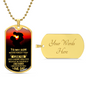 Gold necklace dog tag with a father and son silhouette and customizable engraved back