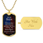 Gold necklace dog tag with American flag design and inspirational message for son, customizable back