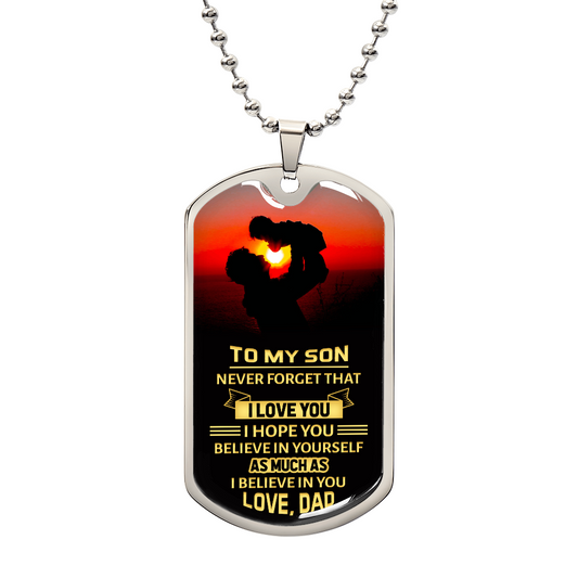 Someone Said Gift necklace dog tag with a loving message from dad to son and a sunset silhouette design
