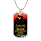 Someone Said Gift necklace dog tag with a loving message from dad to son and a sunset silhouette design