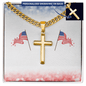 Gold necklace and cross with personalized engraving on back, patriotic design with American flags, ideal gift