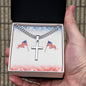 Silver necklace and cross pendant with thick chain in patriotic box featuring American flags, gift for men