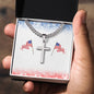 Silver necklace and cross with a polished finish in a patriotic gift box featuring American flag design