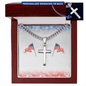 Silver necklace and cross with personalized engraving on back presented in patriotic gift box with American flags