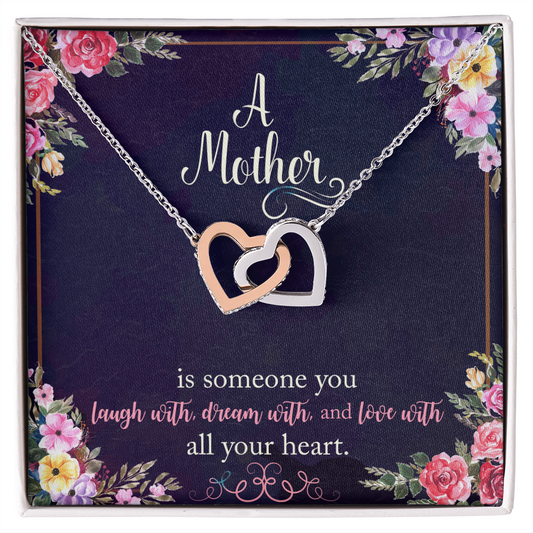 ShineOn Fulfillment a mother is necklace with message card interlocking rose gold and silver heart pendant on floral card