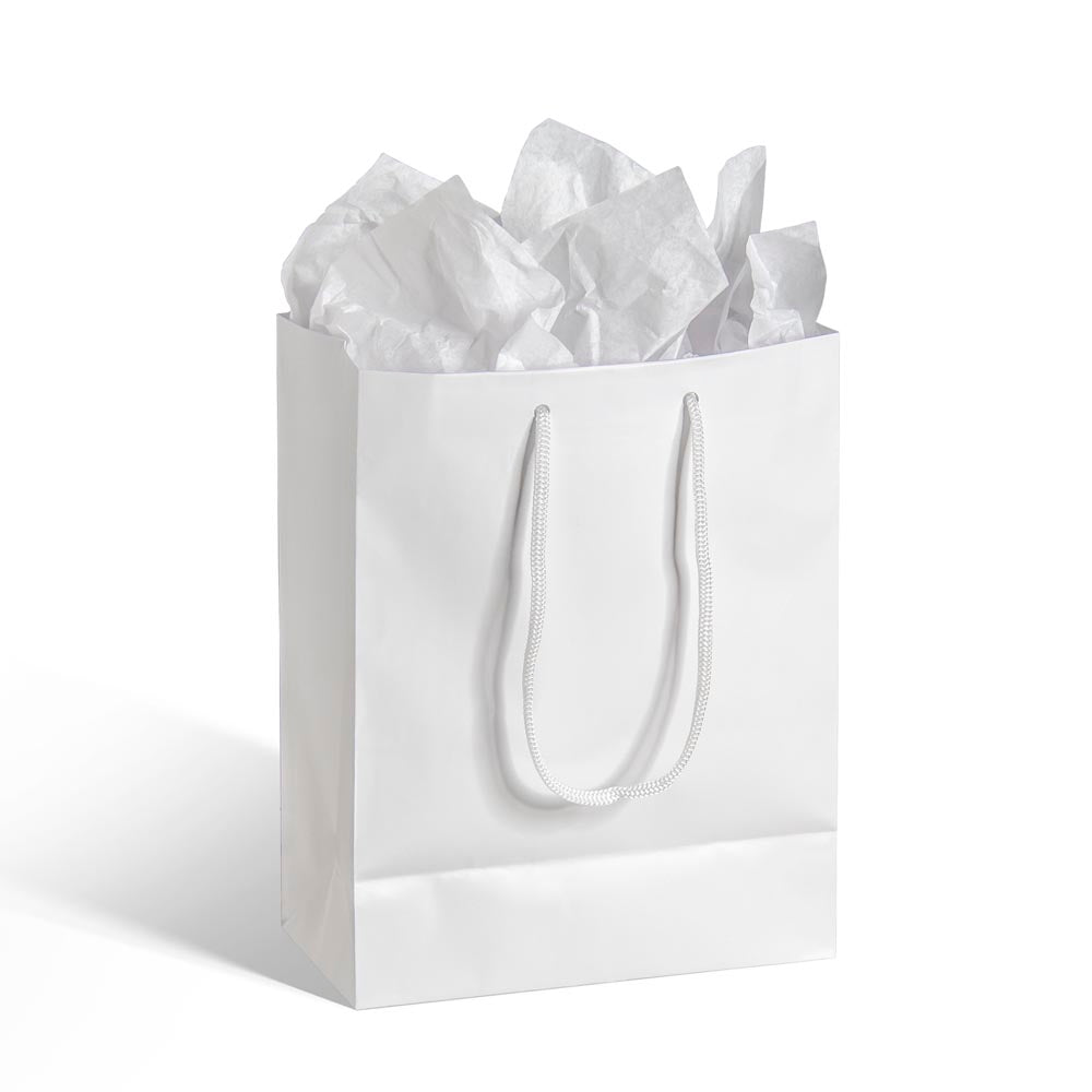 White jewelry gift bag with rope handles and white tissue paper inside by Someone Said Gift