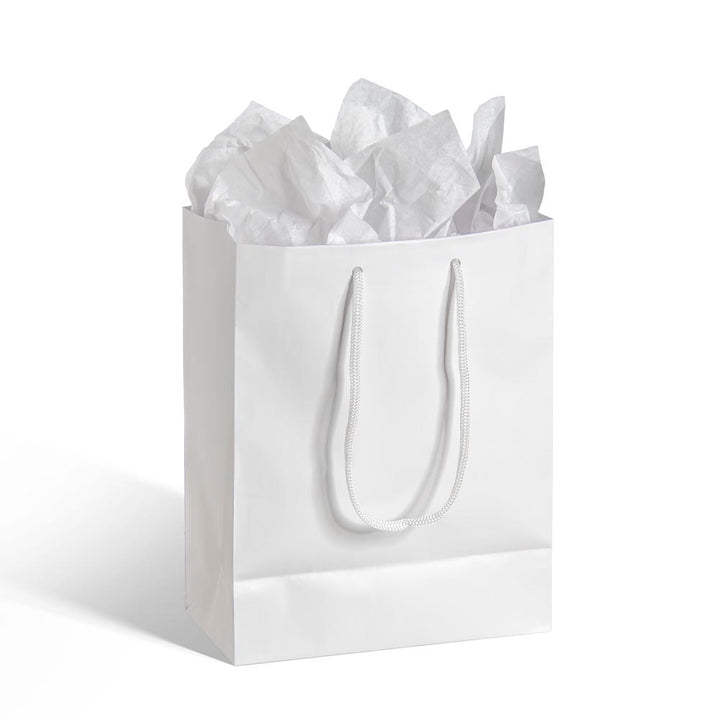 White jewelry gift bag with rope handles and white tissue paper inside by Someone Said Gift