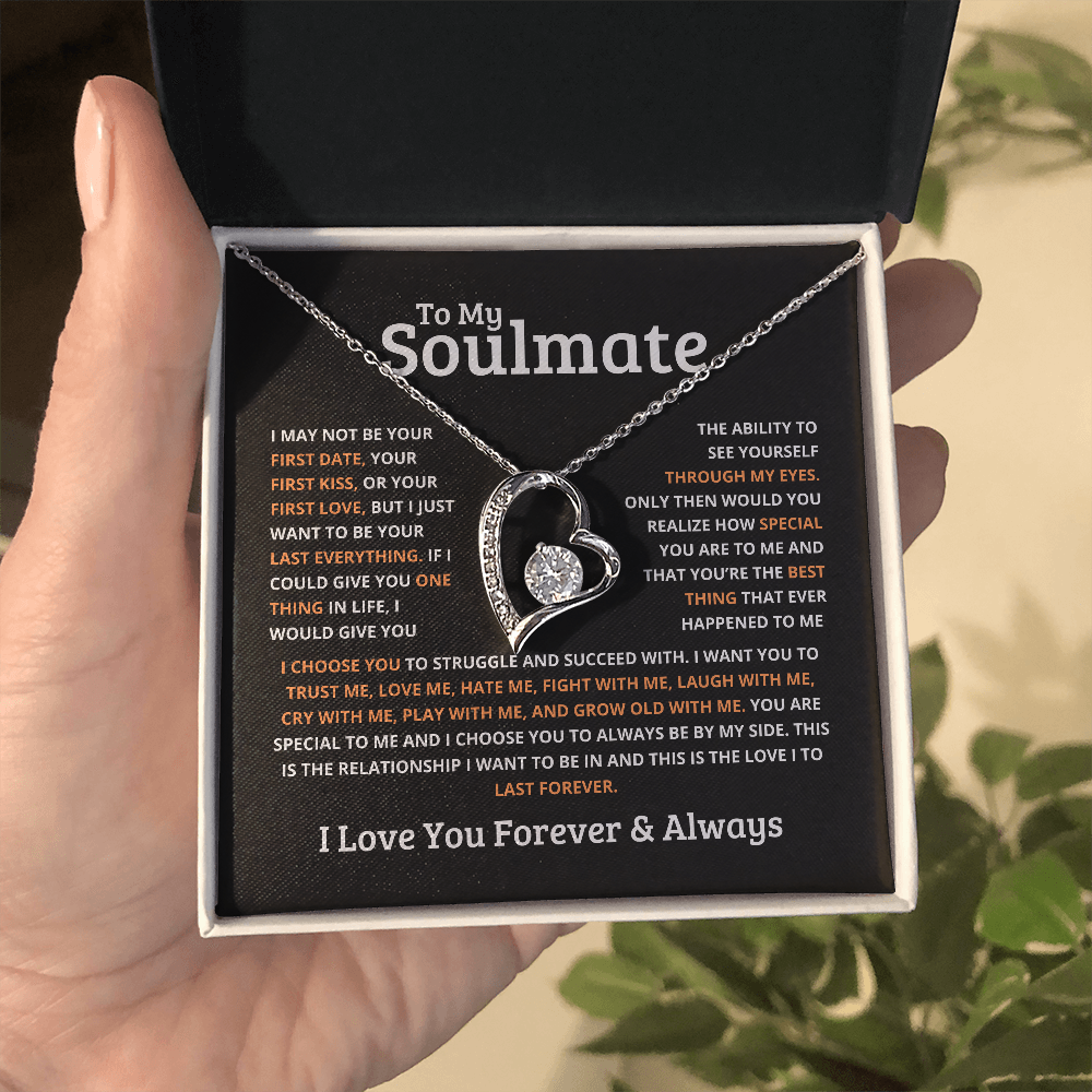 Heart pendant necklace for gold with soulmate message in black gift box by ShineOn Fulfillment