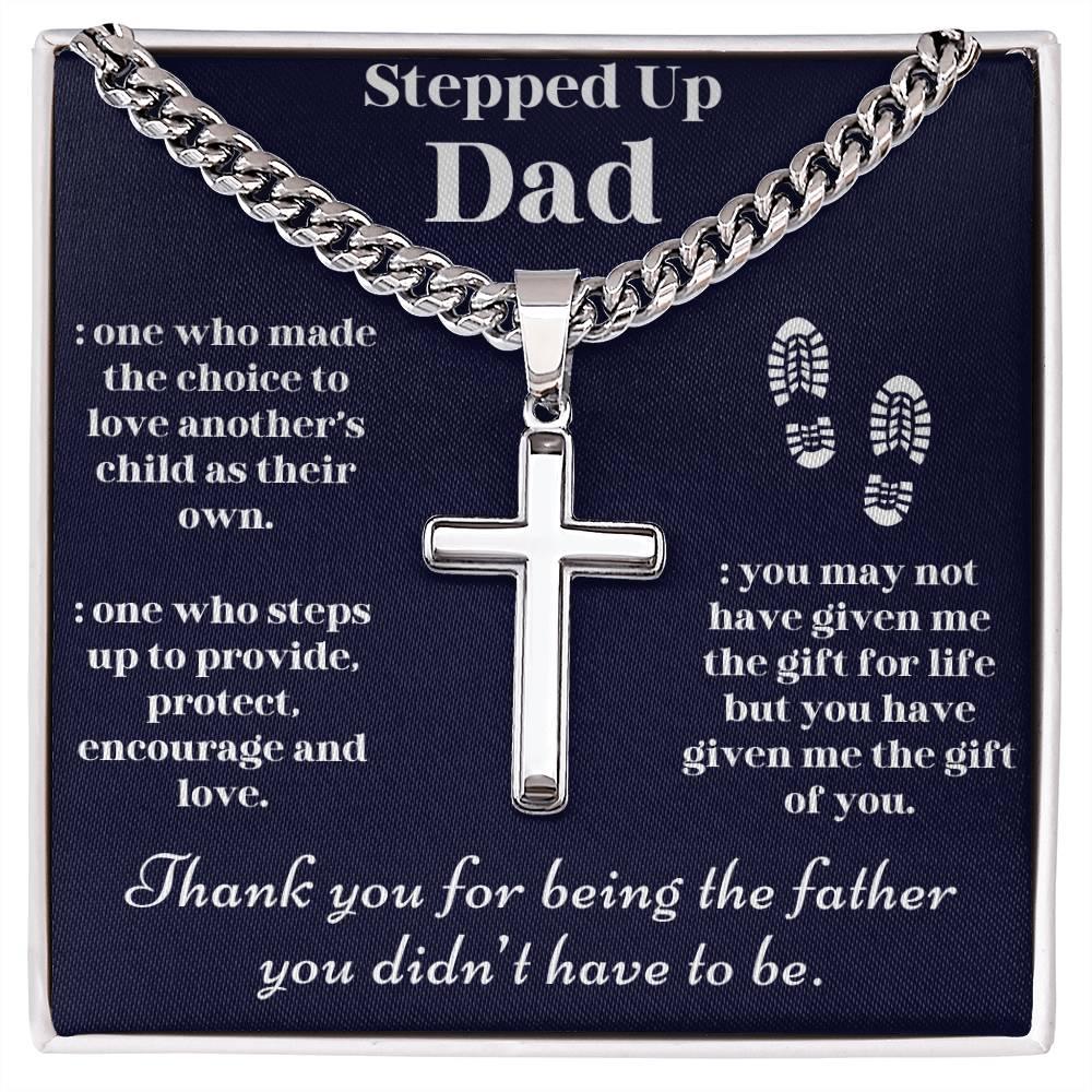 Step dad cross necklace gift with silver chain on a card thanking step dads for love and support