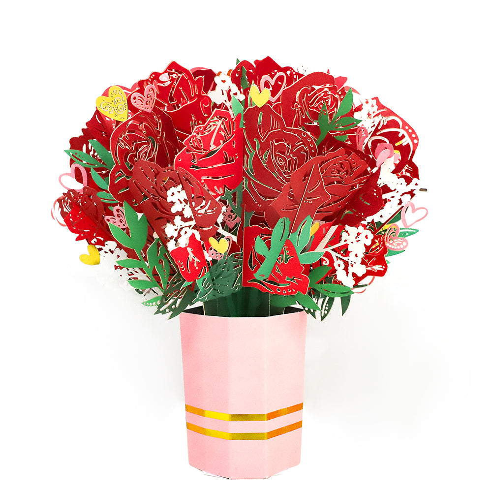 Someone Said Gift Sweet Devotion Flower Bouquet jewelry piece with red roses and green leaves in pink vase