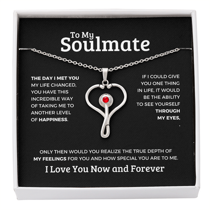 Tiffany's necklace heart pendant with red gemstone on silver chain in soulmate gift box