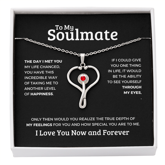 Tiffany's necklace heart pendant with red gemstone on silver chain in soulmate gift box