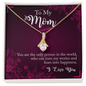 Gold Mom necklace with crystal teardrop pendant on gift card reading To My Mom the only person alluring beauty necklace