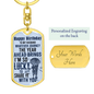Gold dog tag keychain with happy birthday message for husband and personalized engraving valentine gift for a husband